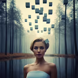 a woman wearing a blue dress stands in front of trees