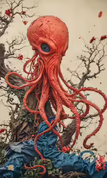 the octopus is posed for a portrait in front of a tree
