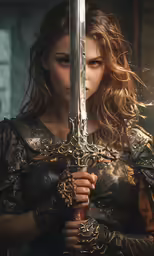 a girl in armor holds a sword over her shoulders
