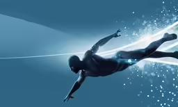an illustration of a man floating through space with light shining down on him