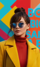 a woman wearing sunglasses in front of a brightly colored wall