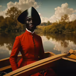 a person standing in a boat with a black hat on,a woman with black hair and red outfit on standing in a boat