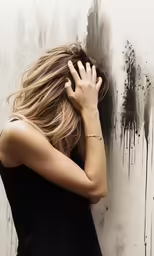 a woman leaning against a wall holding her hand up to her face