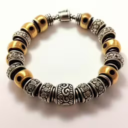 an elegant silver and gold bracelet with diamonds,a bracelet is adorned with intricate beads