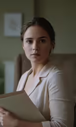the woman is holding a folder with a look on her face