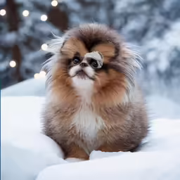 a small brown dog sitting in the snow
