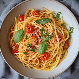 a white bowl with spaghetti and tomatoes in tomato sauce