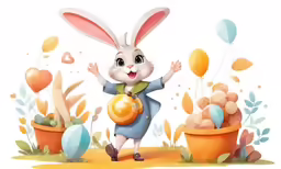 a cartoon rabbit in blue with balloons and plants