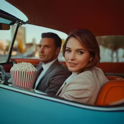 a man and a woman sitting in a vintage car holding movie popcorn