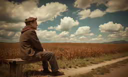 a man is sitting on the bench in the middle of a wheat field