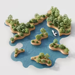 the water is blue and has small island with green trees
