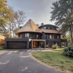 a large house with thatched roofs and garage