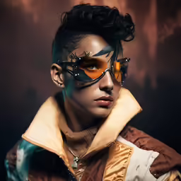 an artistic portrait of a woman with her face painted orange and gold