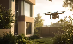 a remote control flies over an urban house