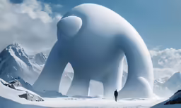 a man in black standing under a giant elephant sculpture