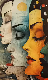 three people face each other in a painting