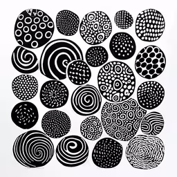 a pattern made with circles and dots,a drawing of many circles and swirls
