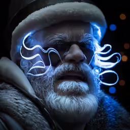 a man with long hair, white beard and hat on is wearing glow in his eyes