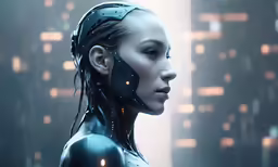 a sci - filth girl standing in a futuristic city