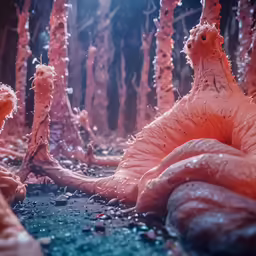 several strange creatures inside a very tall tree