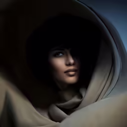 a woman is hiding under her shawl