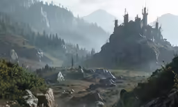 a castle is in the middle of the fog