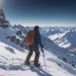 man standing on skis with a large backpack on top of snow covered mountain