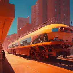 a train traveling down tracks past tall buildings,a yellow train traveling past tall buildings on tracks