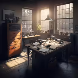 an old room with two desks and some windows