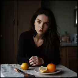 a woman sitting at a table with oranges and a knife