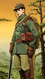 an uniform drawing of a female soldier,a man in uniform stands with his rifle