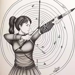 drawing, done using pencil and acrylic on board, of girl aiming arrow with arrows,a woman with an arrow is aiming something in her hand,the girl is aiming a bow with the arrow,a black and white drawing of a girl holding a bow,a drawing of a woman holding a bow and arrow