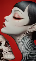 a woman with black hair and eyeliners holding a skull