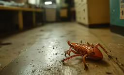 a brown scorpion crawling on a wooden floor
