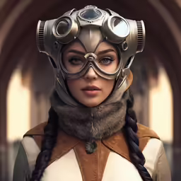 a woman wearing a helmet with metal gears on her face