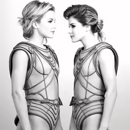 two women dressed in bodysuits are facing one another