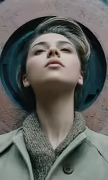 a woman in a hat looks up while wearing a coat and looking up