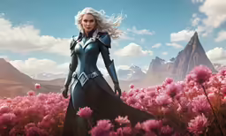a woman in an armor on a flower covered field