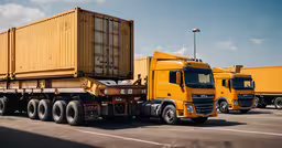 several trucks parked in a parking lot,two big yellow trucks parked in the lot
