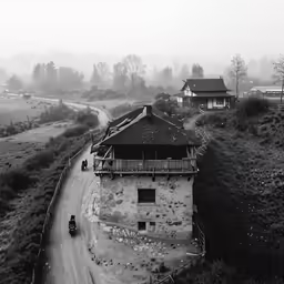 an old brick building sitting on top of a hill
