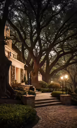 a tree with large branches near a white house