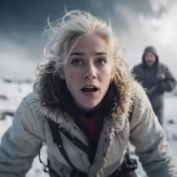 a woman standing in the snow, holding her hand out