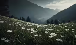a field of white flowers and trees in the background