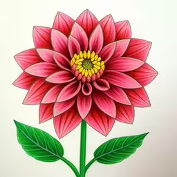 the floral picture is made up of some colored paper,a drawing of a pink flower with green leaves