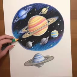 someone is holding out their pencil drawing of some planets,a child is coloring saturn on a sheet of paper,drawing an image of a person holding a pencil,a person drawing solar system on a white paper,a drawing of planets drawn in colored pencil