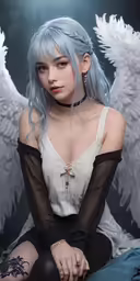 an asian woman with blue hair wearing black stockings and white wings