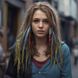 a woman with long, blonde hair and blue shirt