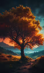 a beautiful photo with an autumn tree and road,a painting of a tree at sunset on a hillside