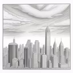 pencil drawing of city with clouds and skyline,a drawing of the city skyline with clouds above it