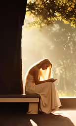 a woman is sitting outside on the bench